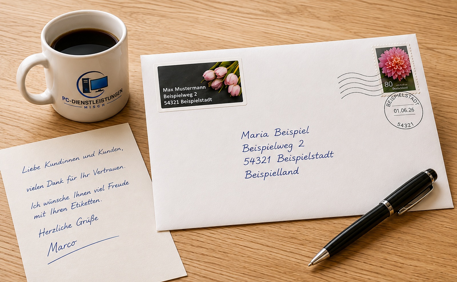Beispielfoto: heller Eichenschreibtisch mit Kaffeetasse, handgeschriebenem Brief, adressiertem Umschlag, Tulpenetikett, Briefmarke und Kugelschreiber